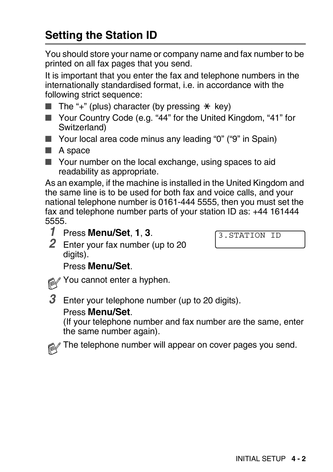 Brother FAX-T98 manual Setting the Station ID 