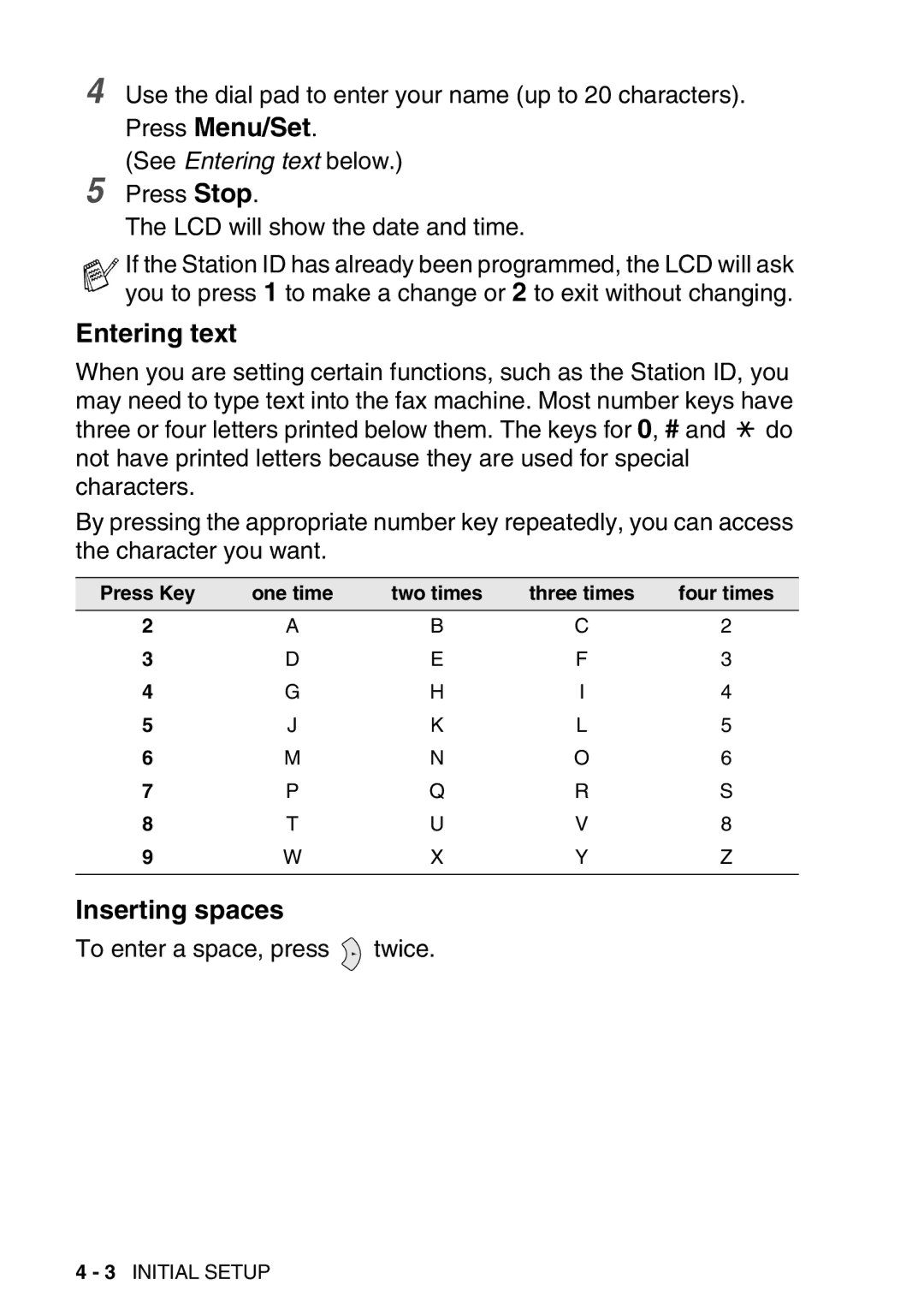 Brother FAX-T98 manual Entering text, Inserting spaces 