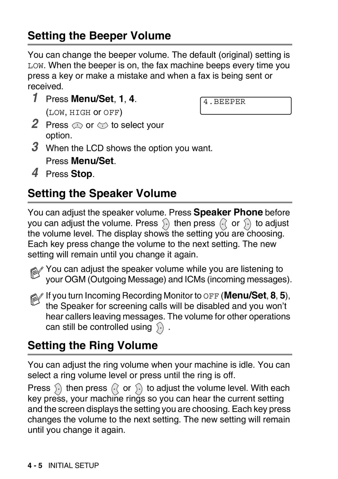 Brother FAX-T98 manual Setting the Beeper Volume, Setting the Speaker Volume, Setting the Ring Volume 