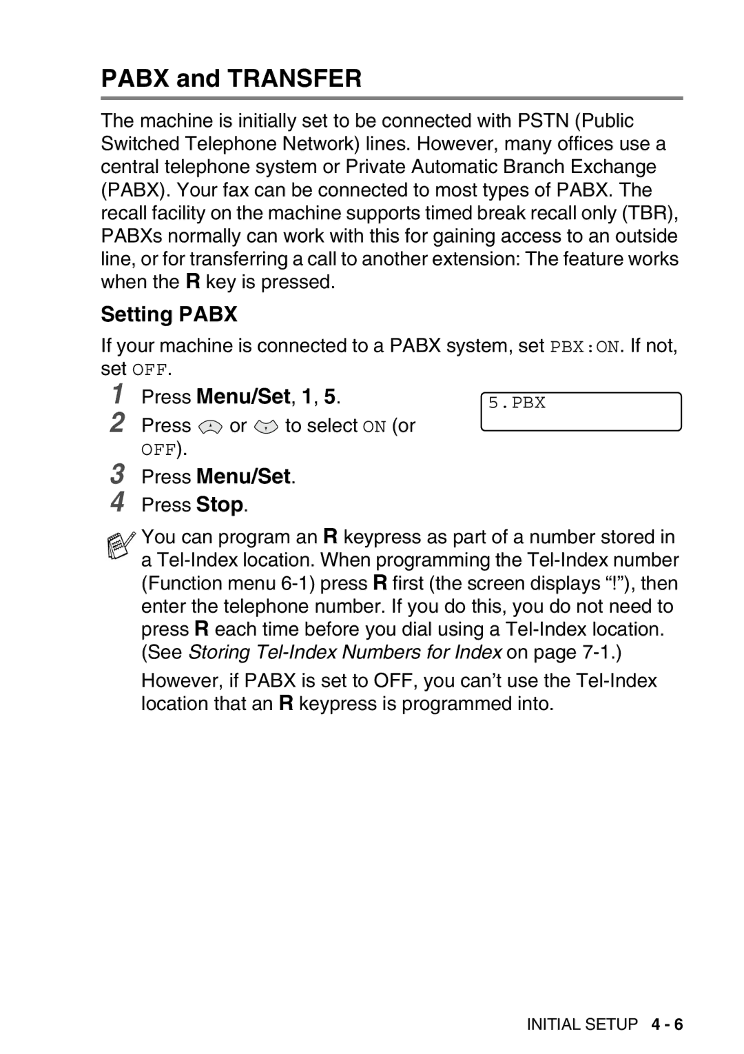 Brother FAX-T98 manual Pabx and Transfer, Setting Pabx 