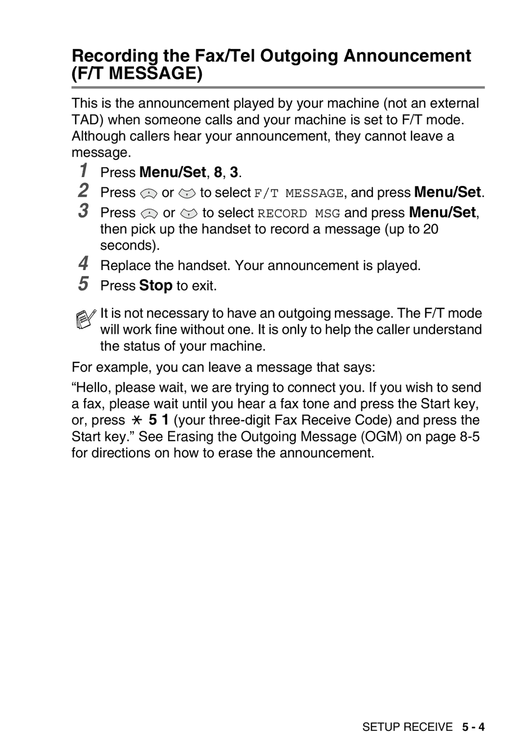 Brother FAX-T98 manual Recording the Fax/Tel Outgoing Announcement F/T Message 