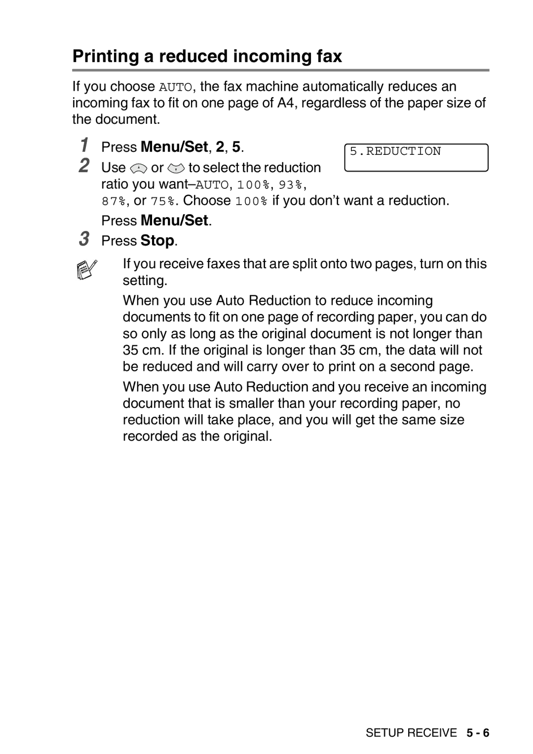 Brother FAX-T98 manual Printing a reduced incoming fax 