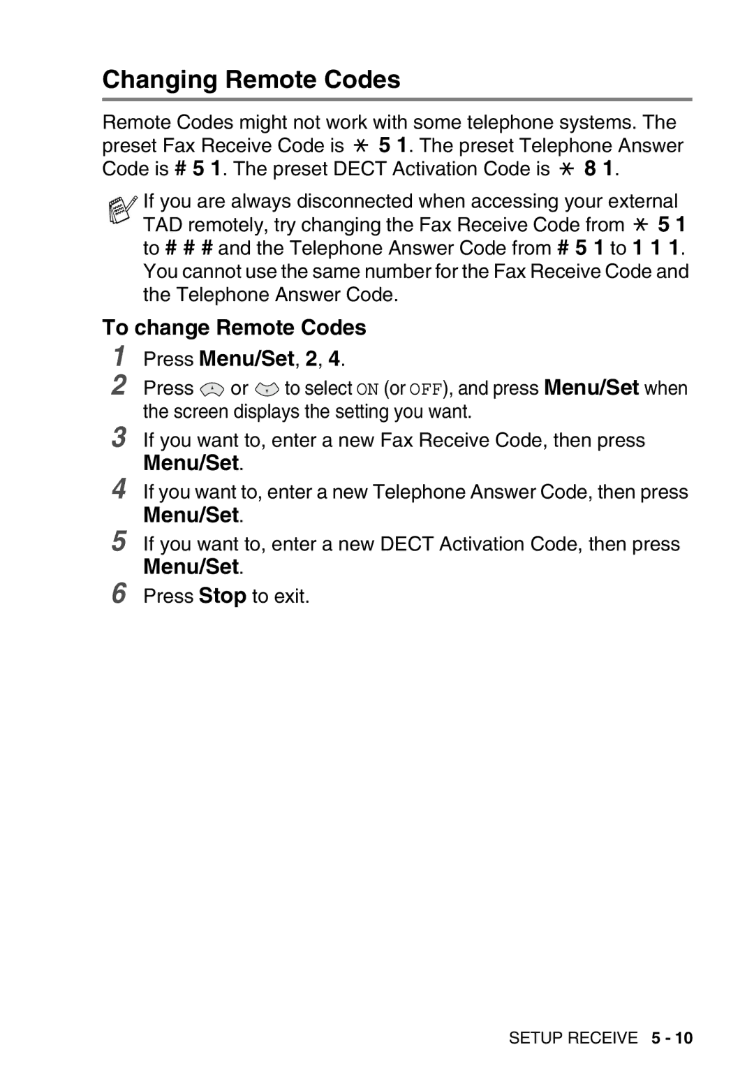 Brother FAX-T98 manual Changing Remote Codes, To change Remote Codes 1 Press Menu/Set, 2 