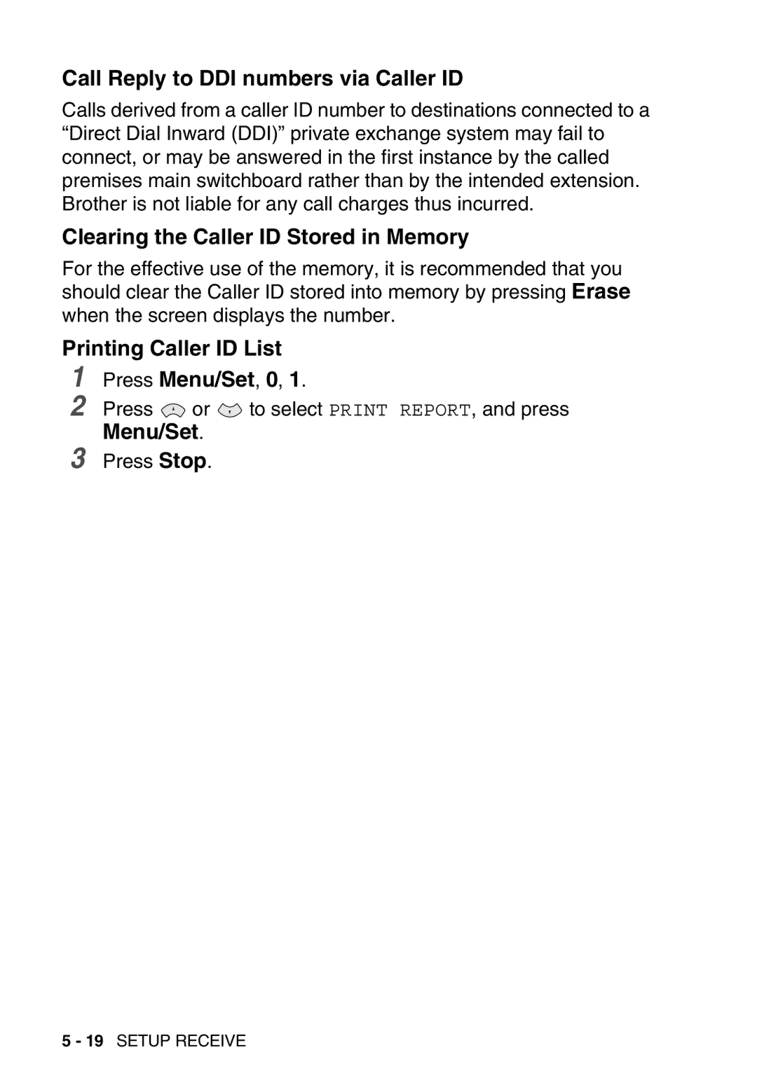 Brother FAX-T98 Call Reply to DDI numbers via Caller ID, Clearing the Caller ID Stored in Memory, Printing Caller ID List 