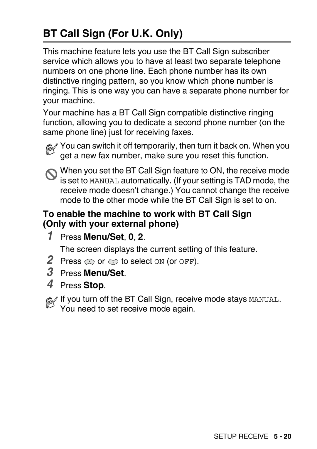 Brother FAX-T98 manual BT Call Sign For U.K. Only, Press Menu/Set 