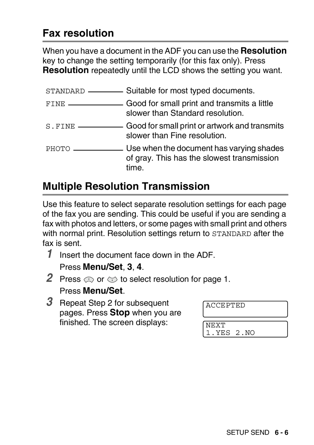 Brother FAX-T98 manual Fax resolution, Multiple Resolution Transmission 