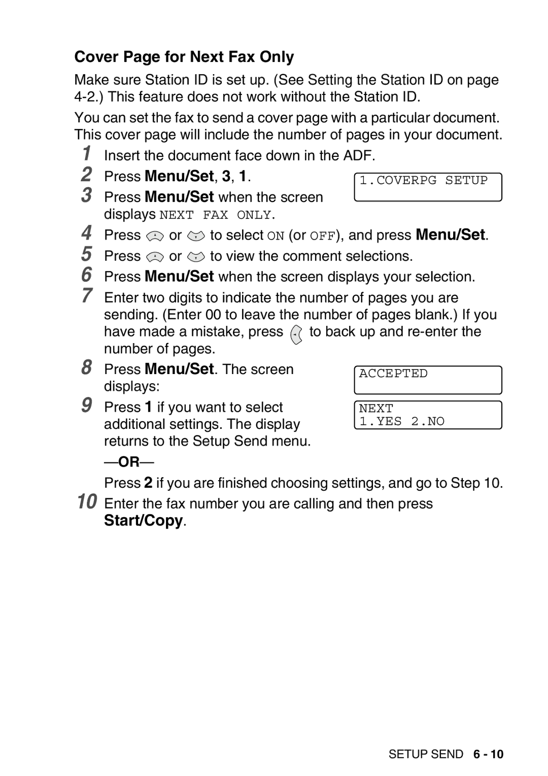 Brother FAX-T98 manual Cover Page for Next Fax Only, Start/Copy 