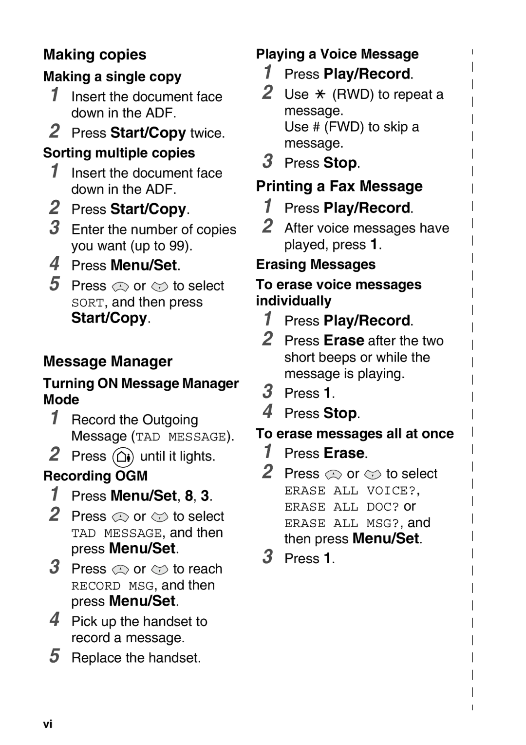 Brother FAX-T98 manual Making copies, Start/Copy Message Manager, Printing a Fax Message 1 Press Play/Record 