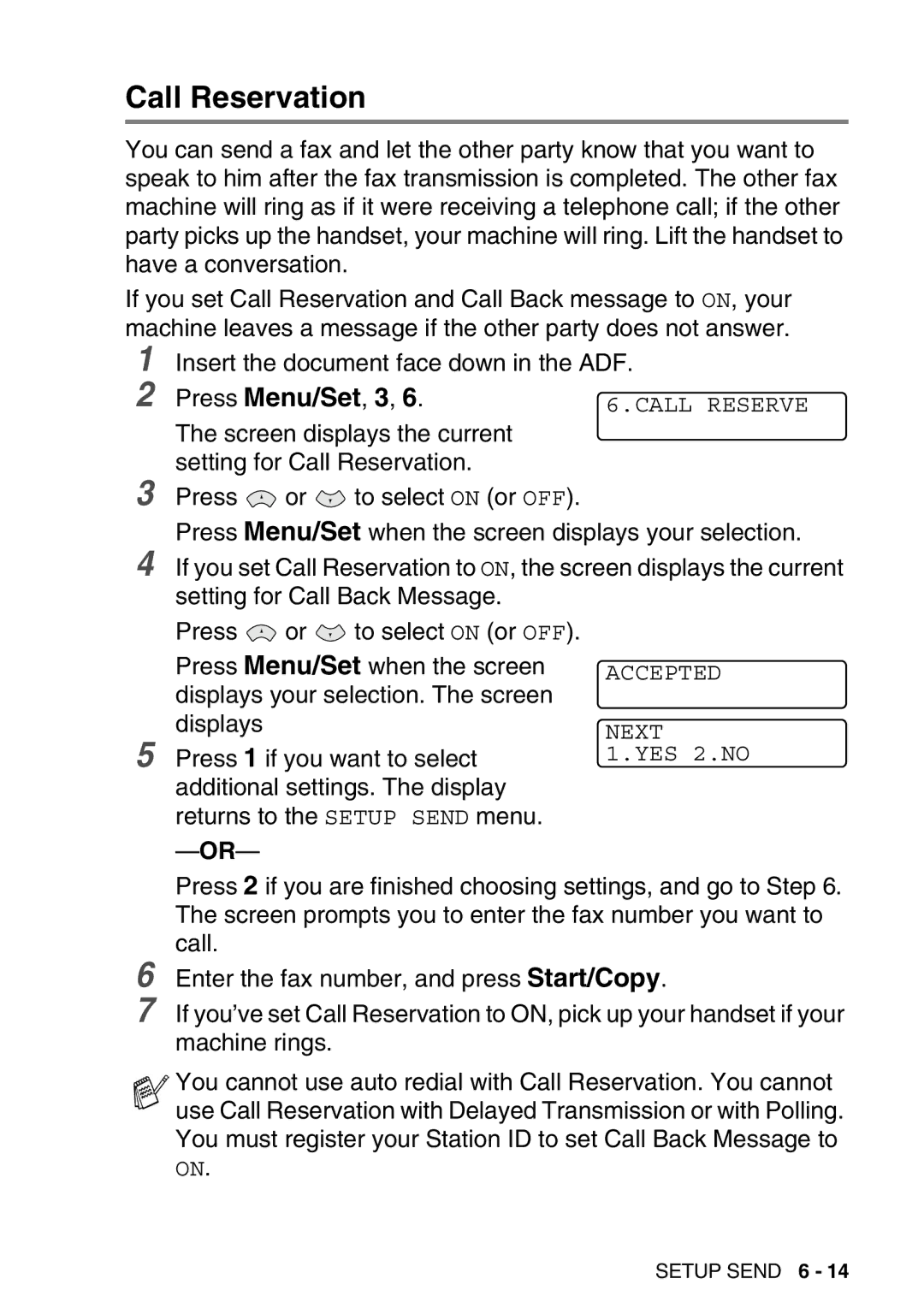 Brother FAX-T98 manual Call Reservation 