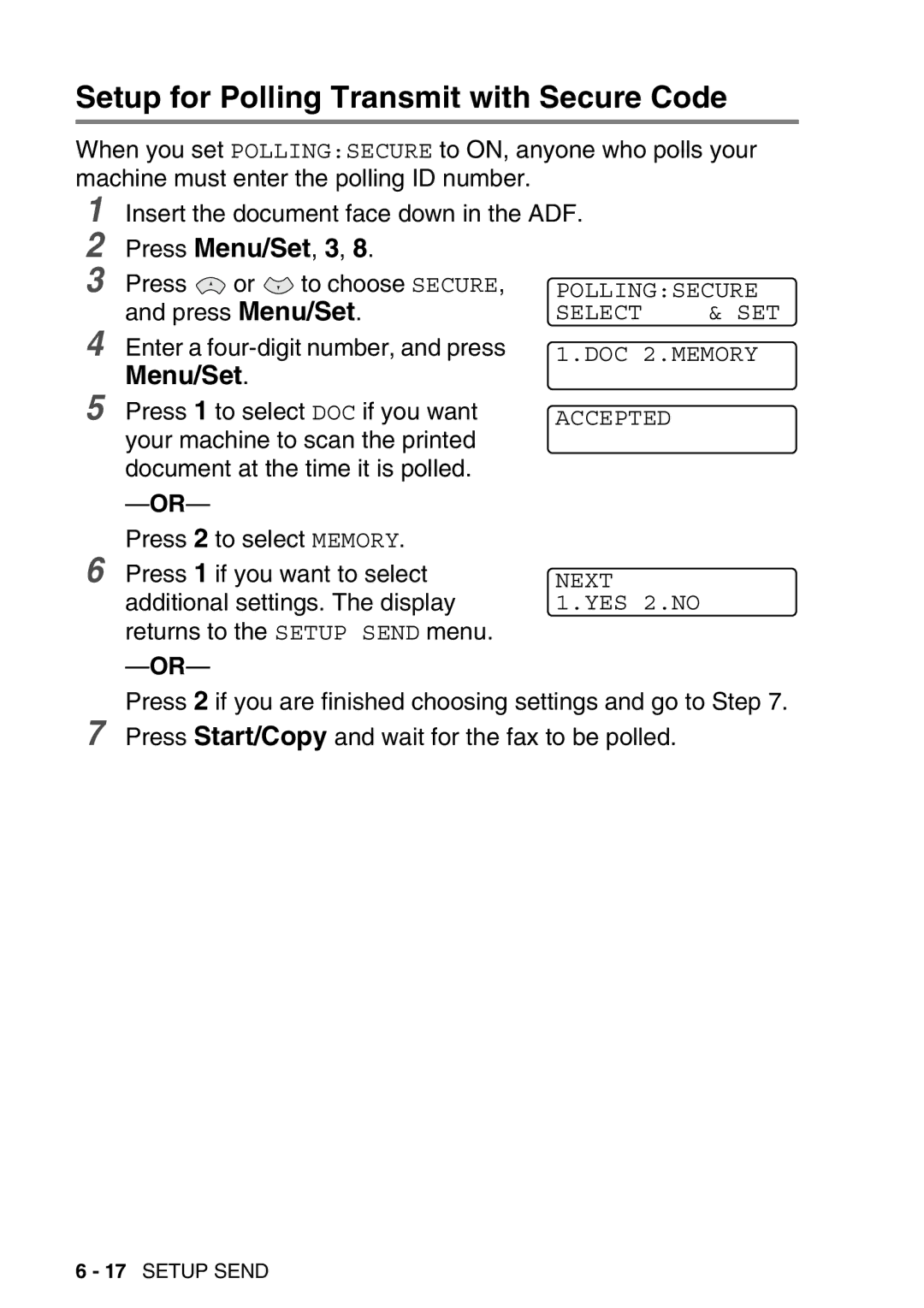 Brother FAX-T98 manual Setup for Polling Transmit with Secure Code 