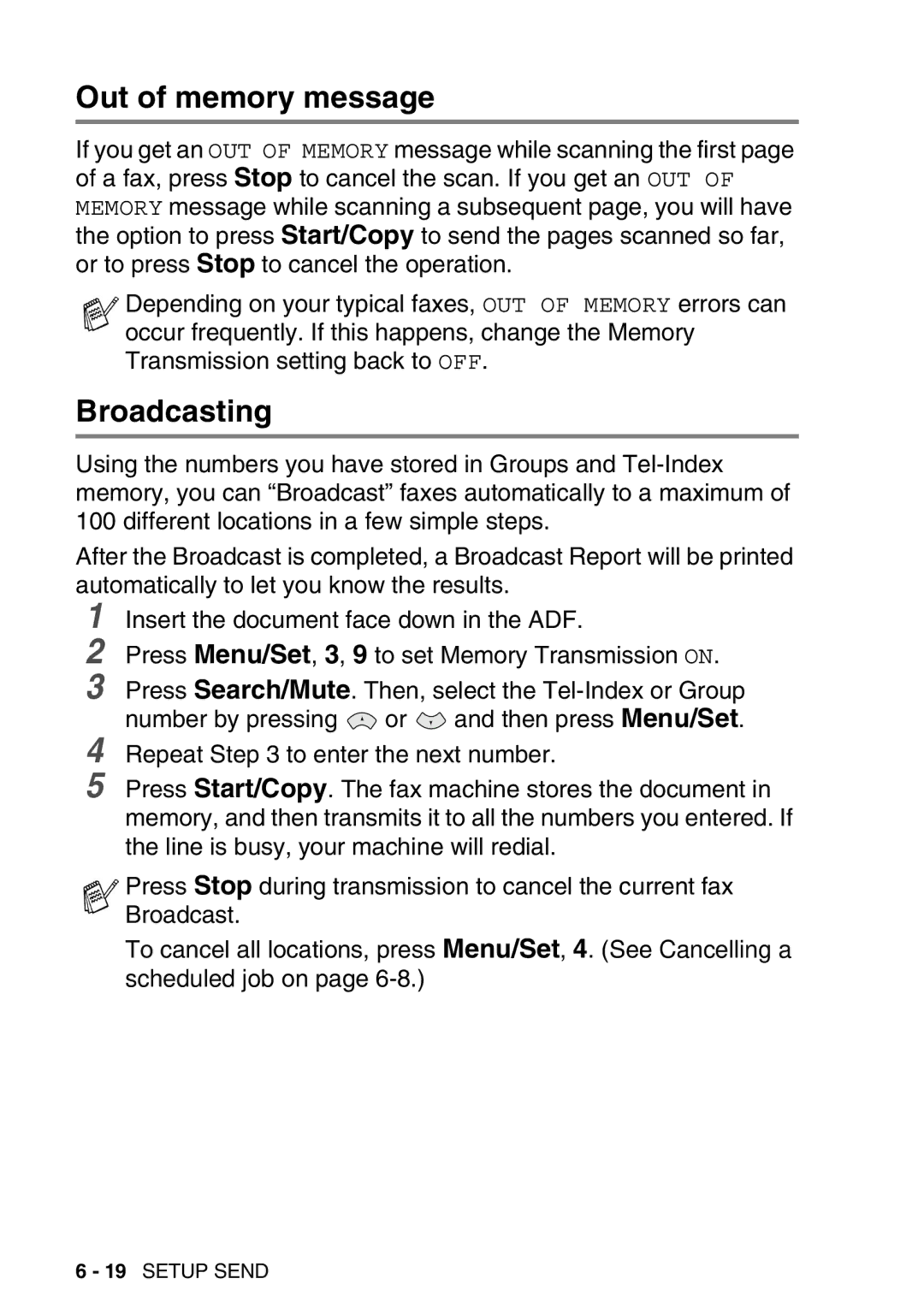 Brother FAX-T98 manual Out of memory message, Broadcasting 