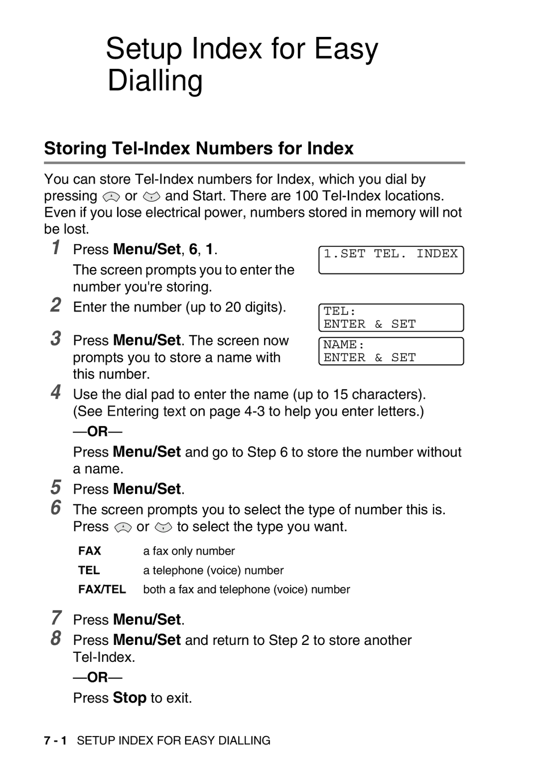 Brother FAX-T98 manual Setup Index for Easy Dialling, Storing Tel-Index Numbers for Index 