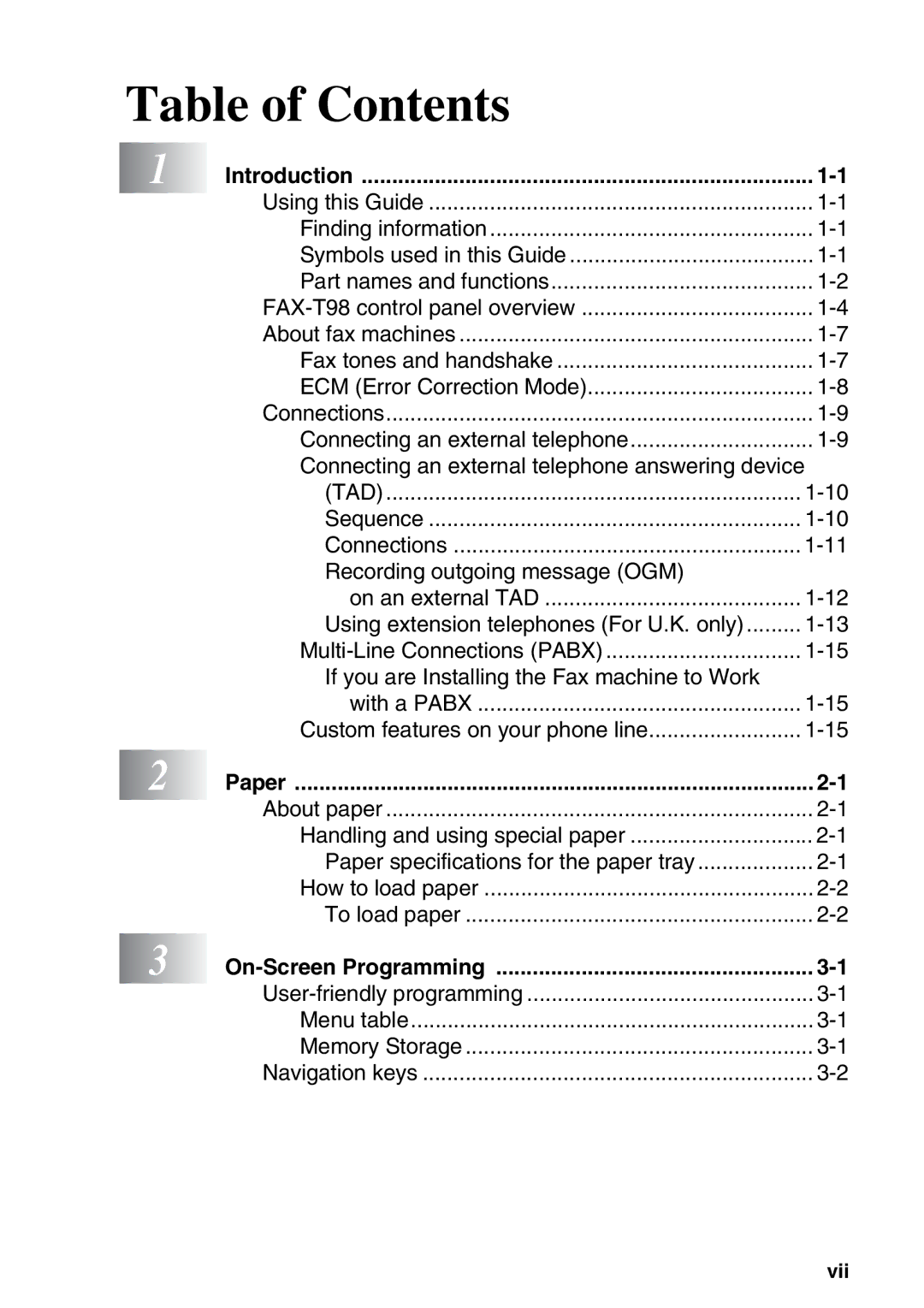 Brother FAX-T98 manual Table of Contents 