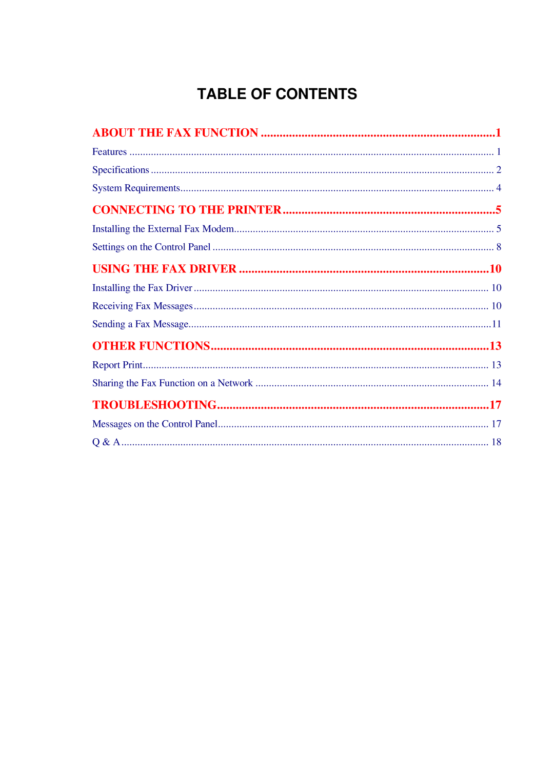 Brother Fax operation manual Table of Contents 