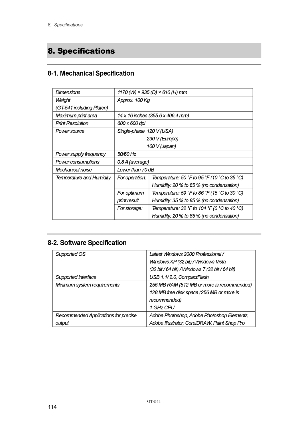 Brother GT-%$!, GT541 instruction manual Mechanical Specification, Software Specification, 114 