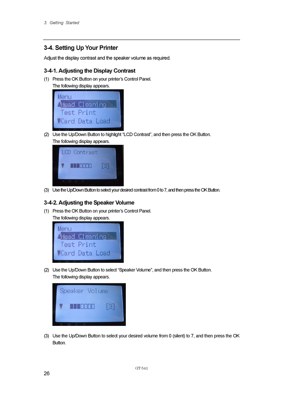 Brother GT-%$!, GT541 Setting Up Your Printer, Adjusting the Display Contrast, Adjusting the Speaker Volume 