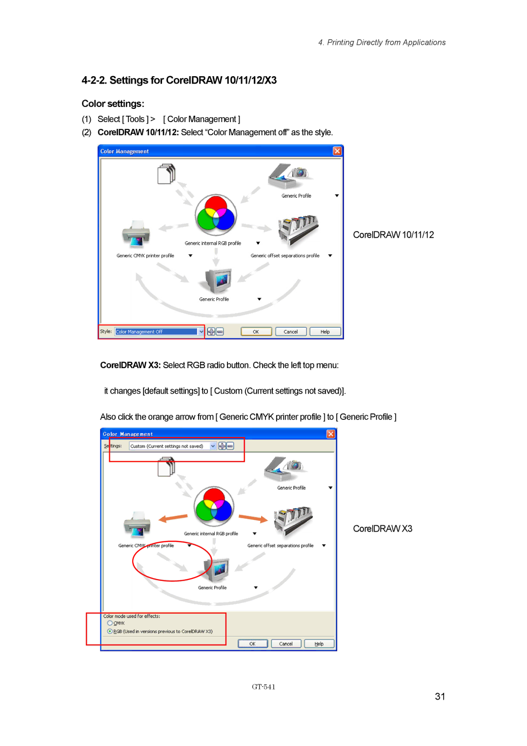 Brother GT541, GT-%$! instruction manual Settings for CorelDRAW 10/11/12/X3 