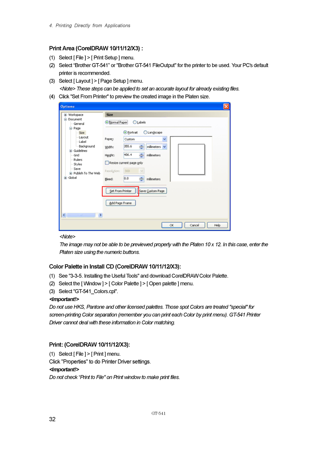 Brother GT-%$!, GT541 instruction manual Print Area CorelDRAW 10/11/12/X3, Click Properties to do Printer Driver settings 