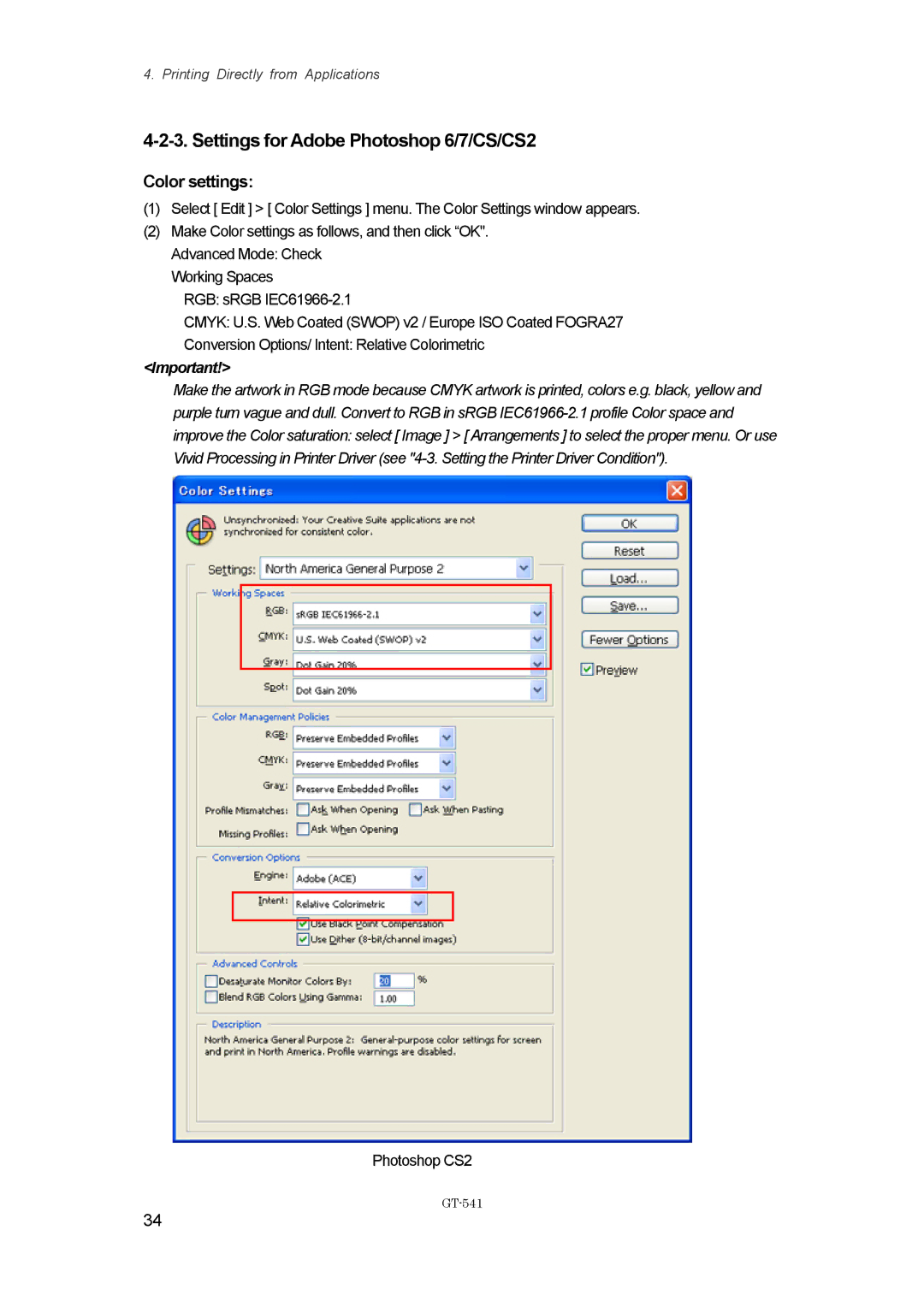 Brother GT-%$!, GT541 instruction manual Settings for Adobe Photoshop 6/7/CS/CS2 