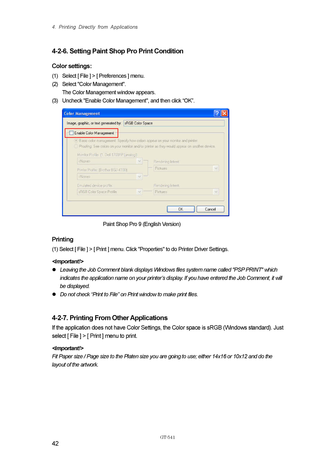Brother GT-%$!, GT541 instruction manual Setting Paint Shop Pro Print Condition, Printing From Other Applications 