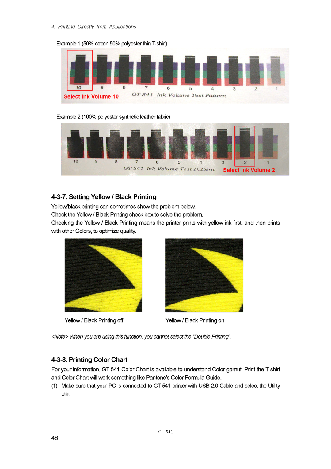 Brother GT-%$!, GT541 instruction manual Setting Yellow / Black Printing, Printing Color Chart 