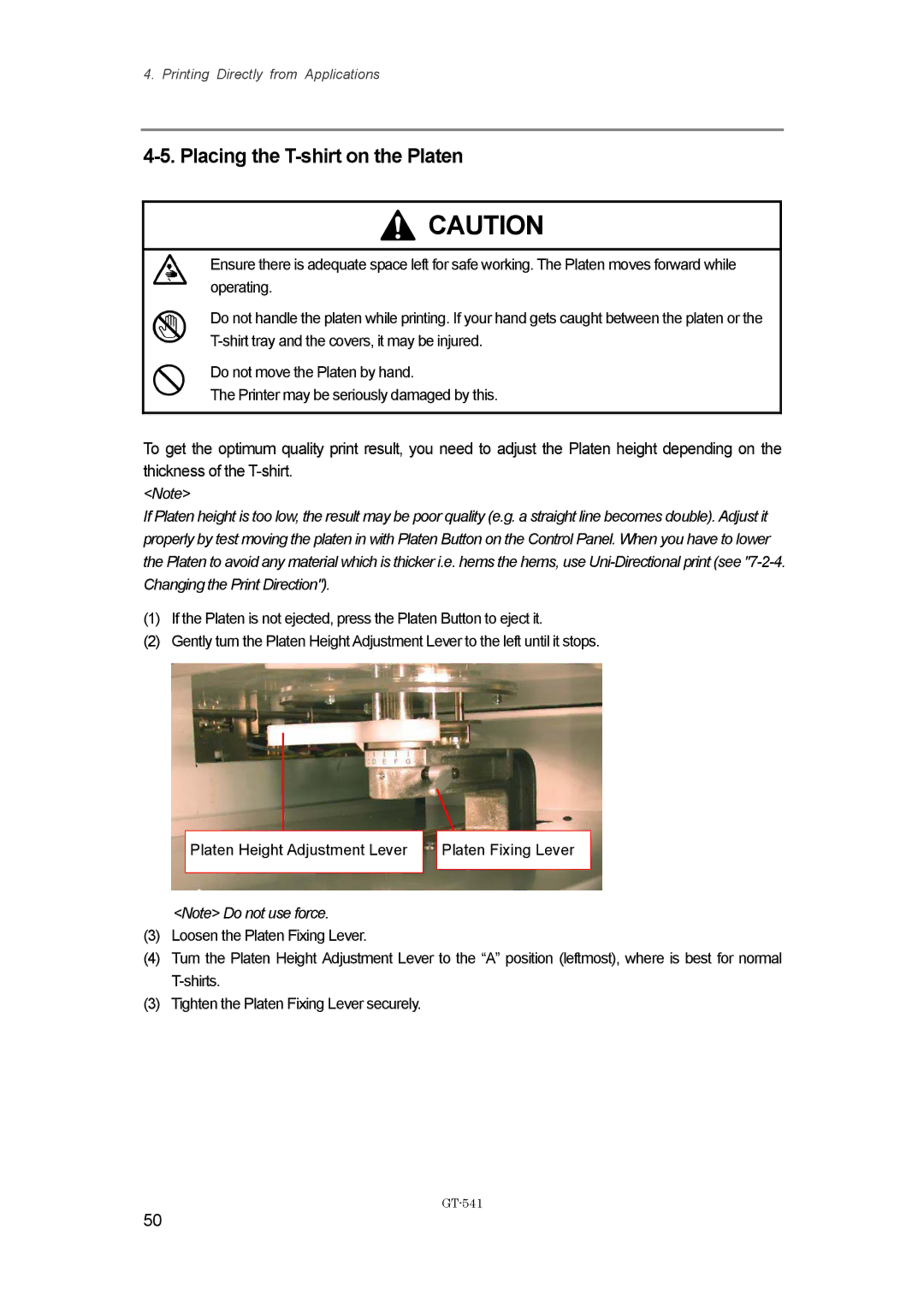 Brother GT-%$!, GT541 instruction manual Placing the T-shirt on the Platen 