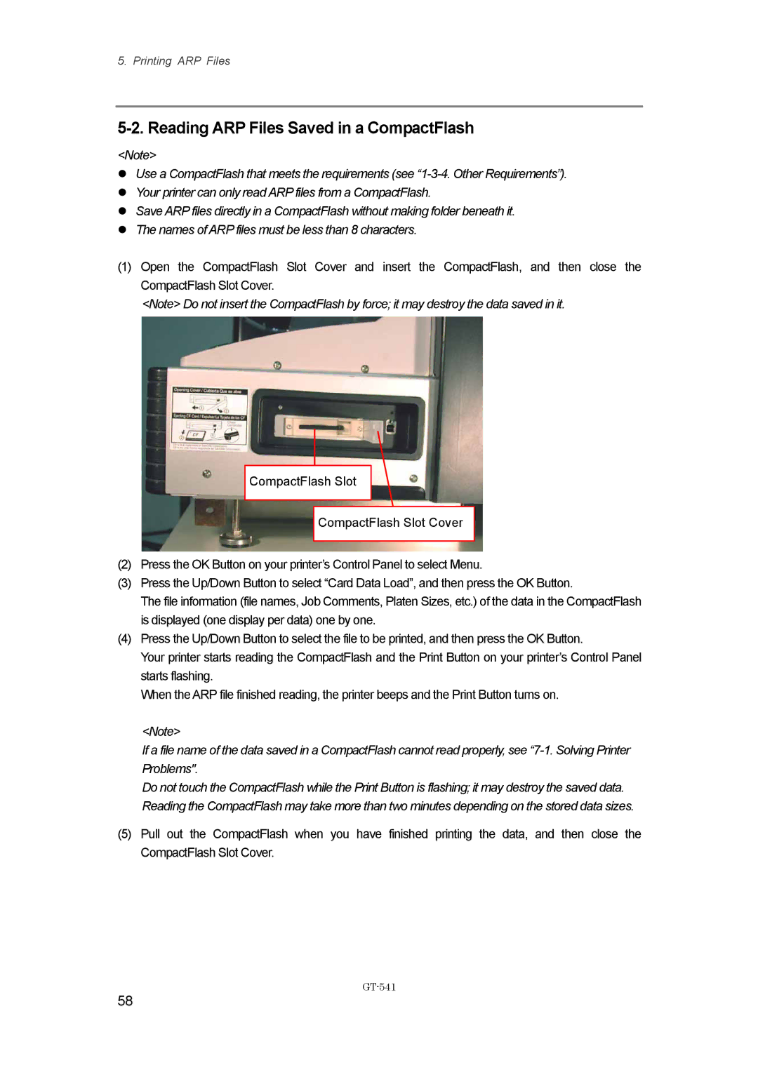 Brother GT-%$!, GT541 instruction manual Reading ARP Files Saved in a CompactFlash 