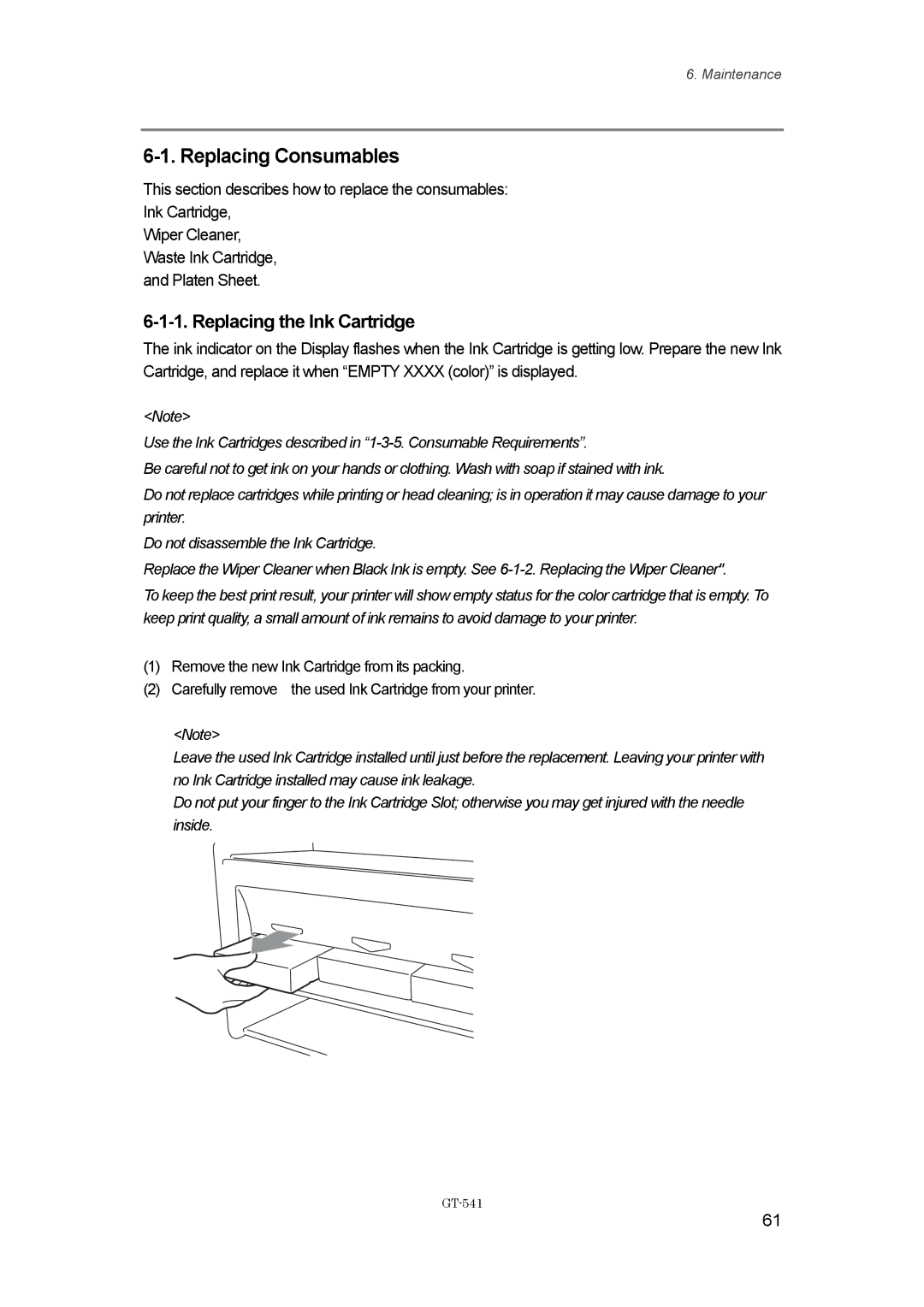 Brother GT541, GT-%$! instruction manual Replacing Consumables, Replacing the Ink Cartridge 