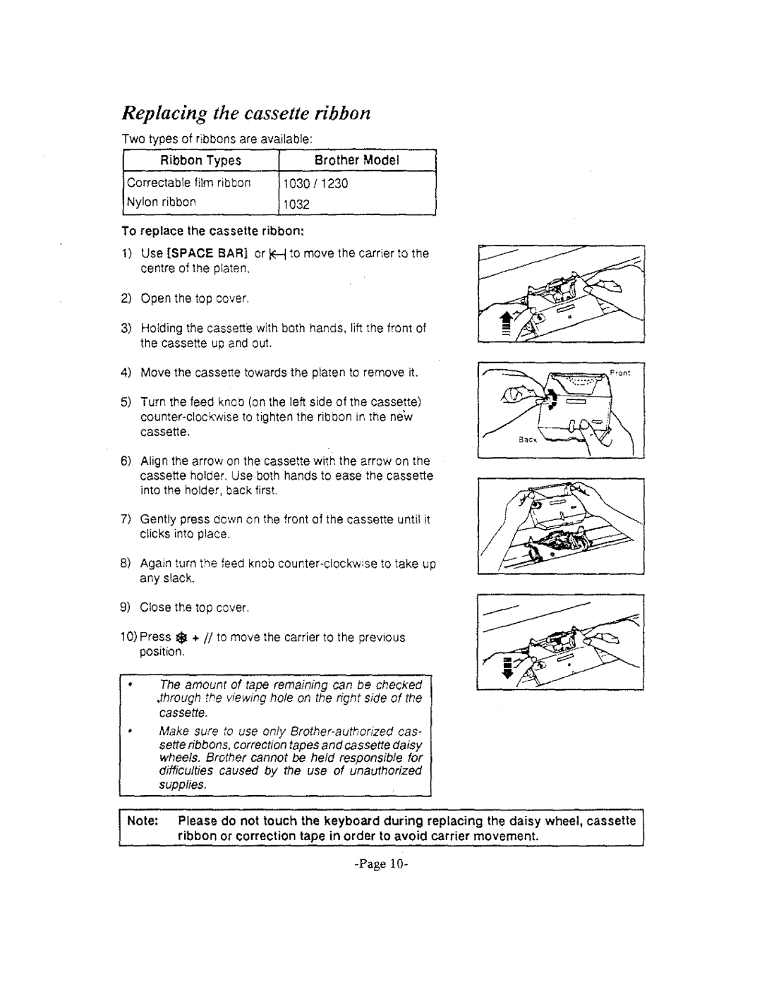 Brother GX-6750, AX-325 manual Replacing the cassette ribbon, To replace the cassette ribbon 