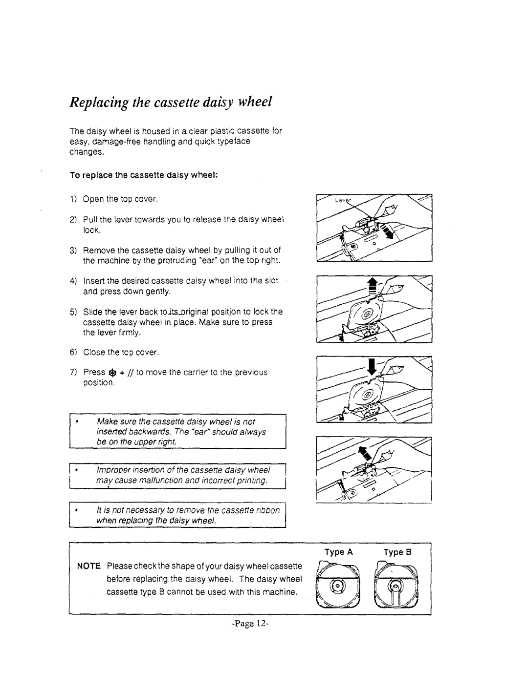 Brother GX-6750, AX-325 manual Replacing the cassette daisy wheel 