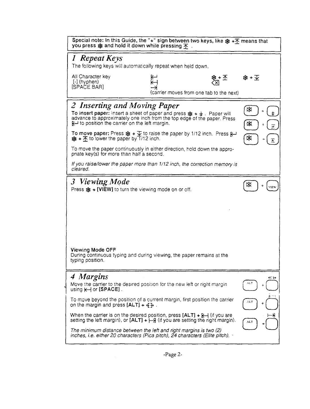 Brother GX-6750, AX-325 manual Repeat Keys, Inserting and Moving Paper, Margins 