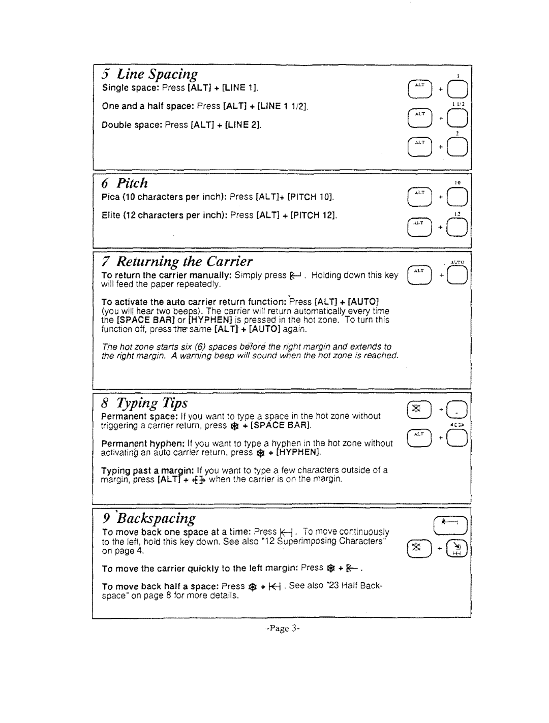 Brother AX-325, GX-6750 manual Line Spacing, Returning, Backspacmg, Pitch 