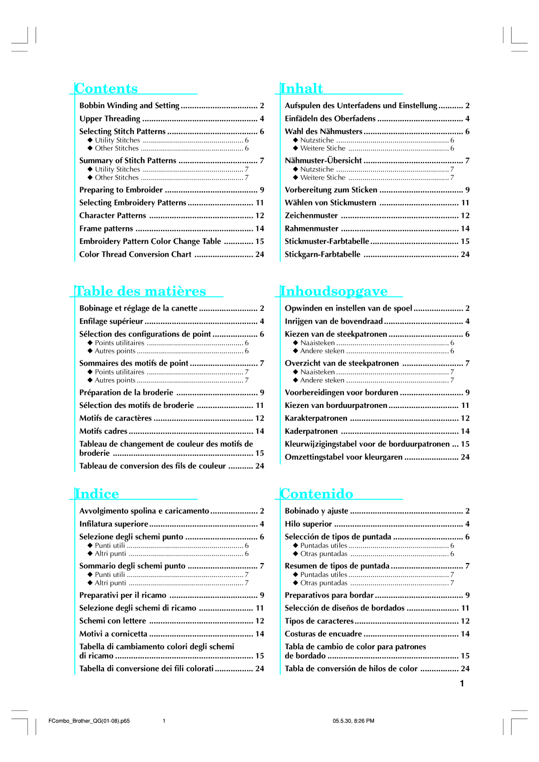 Brother 882-U10, H1-H4 manual Contents 