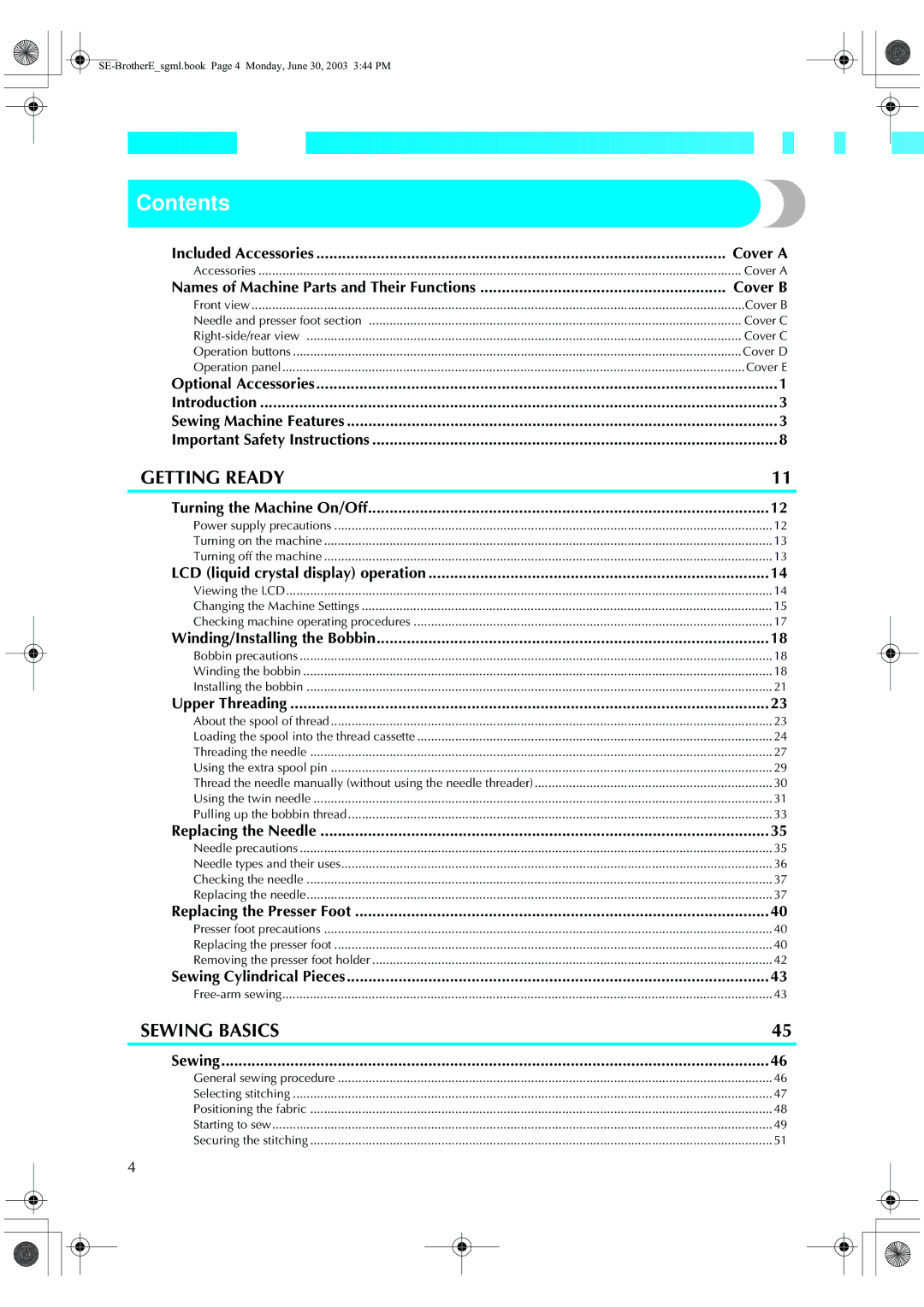 Brother HE 120 operation manual Contents 