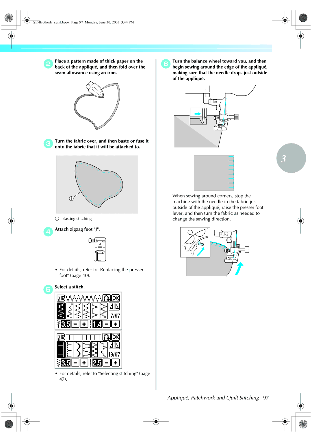 Brother HE 120 operation manual Appliqué, Patchwork and Quilt Stitching, DAttach zigzag foot J 