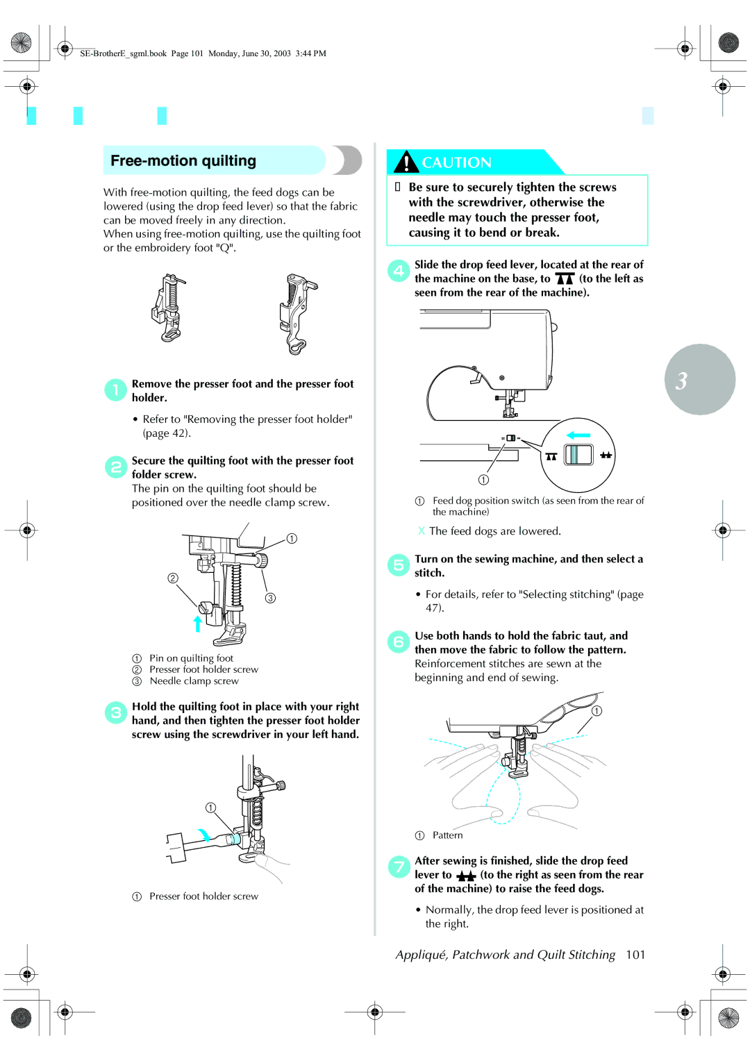 Brother HE 120 operation manual Free-motion quilting, Refer to Removing the presser foot holder 