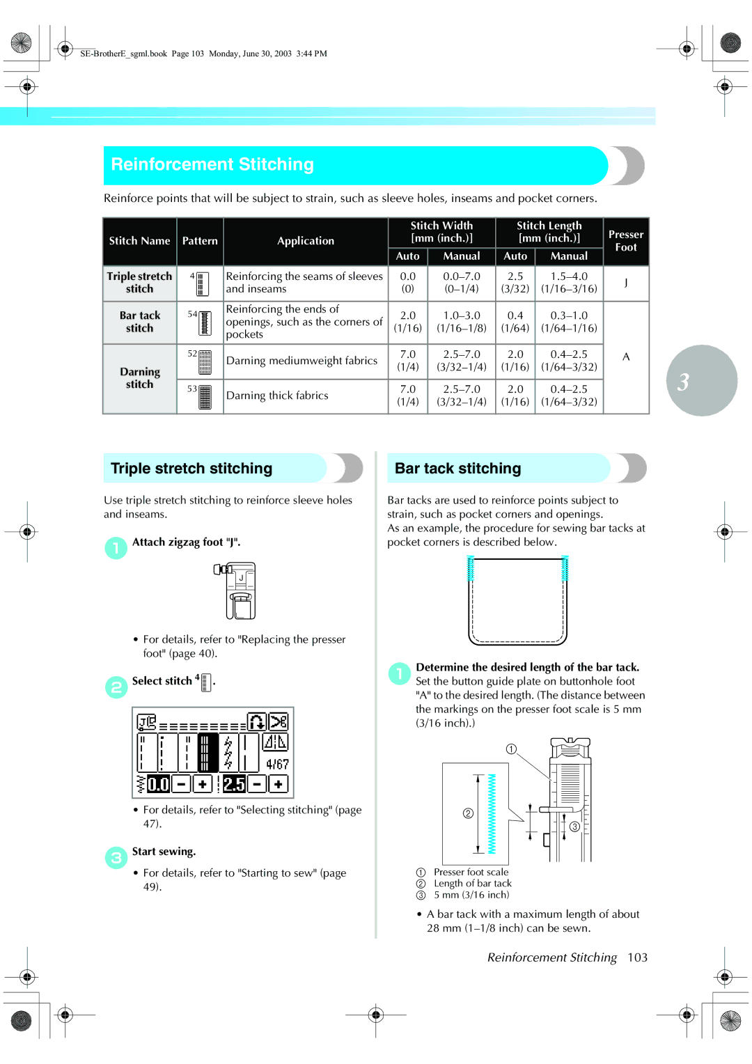 Brother HE 120 operation manual Reinforcement Stitching, Triple stretch stitching, Bar tack stitching 