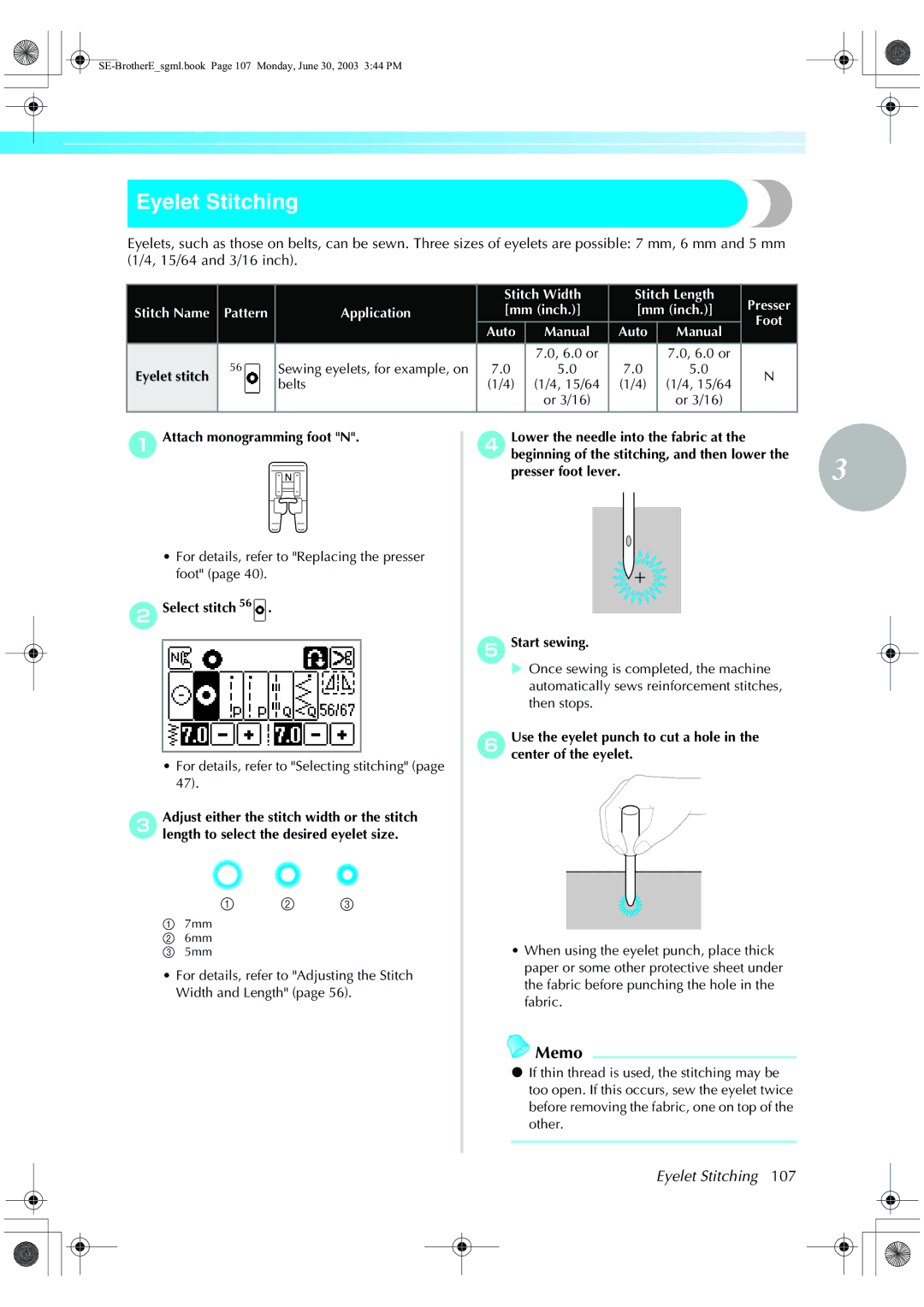 Brother HE 120 operation manual Eyelet Stitching, Eyelet stitch, AAttach monogramming foot N 