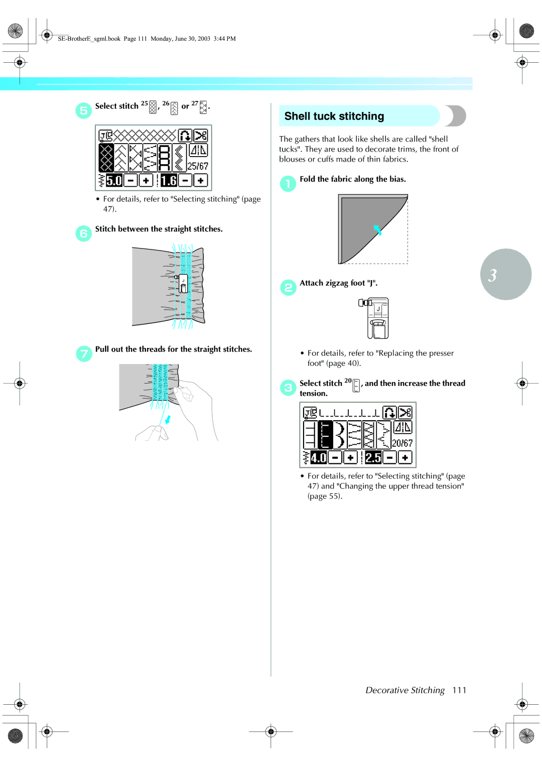 Brother HE 120 operation manual Shell tuck stitching, Select stitch 25 , 26 or, FStitch between the straight stitches 