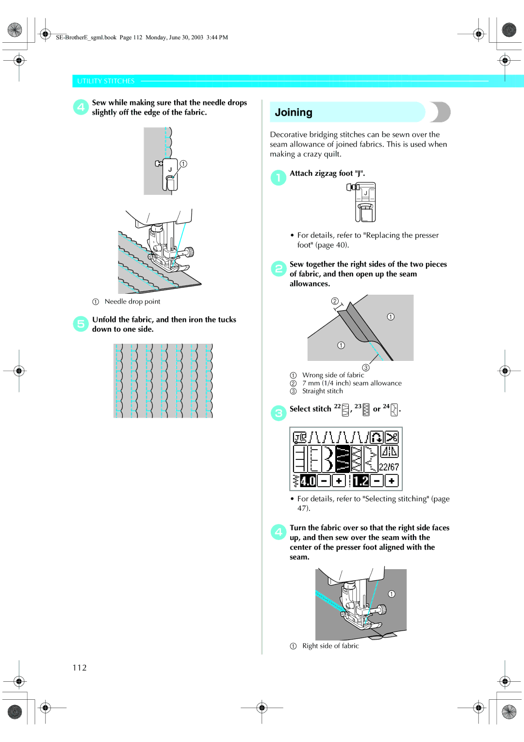 Brother HE 120 operation manual Joining, 112, Select stitch 22 , 23 or 