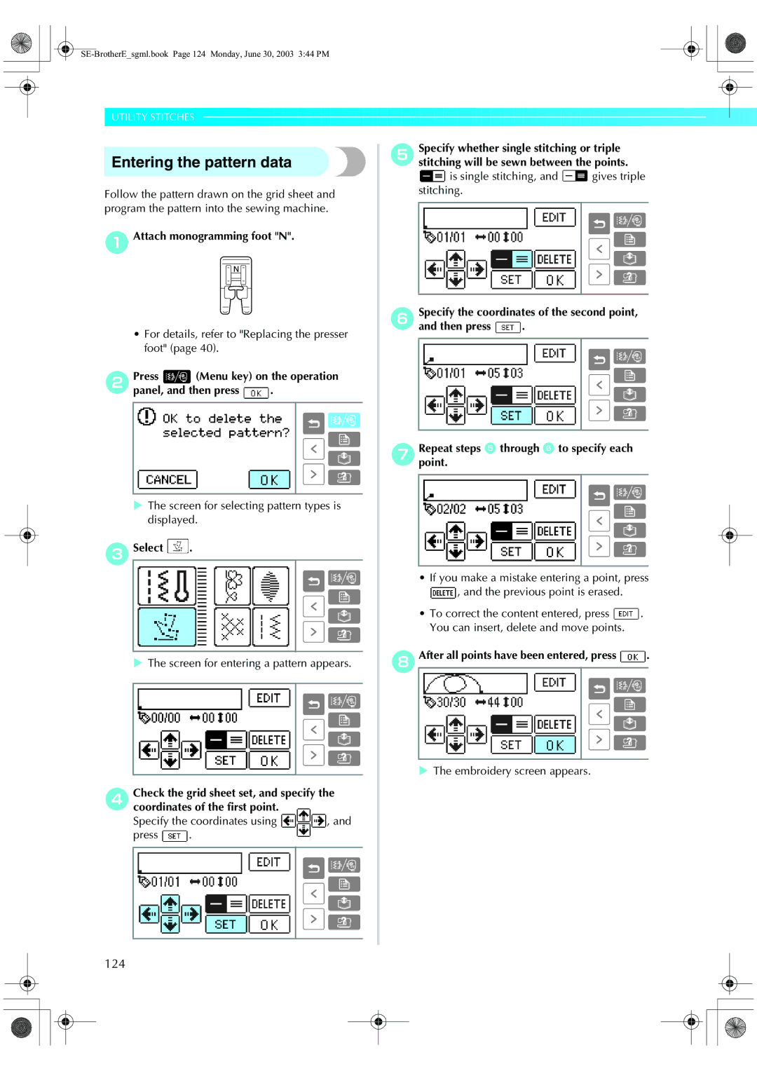 Brother HE 120 operation manual Entering the pattern data, 124, BPress Menu key on the operation Panel, and then press 