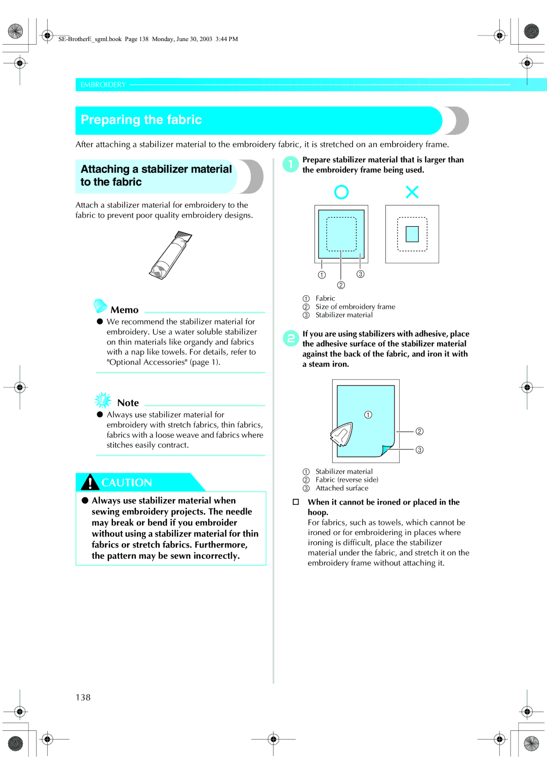 Brother HE 120 operation manual Preparing the fabric, Attaching a stabilizer material to the fabric, 138 