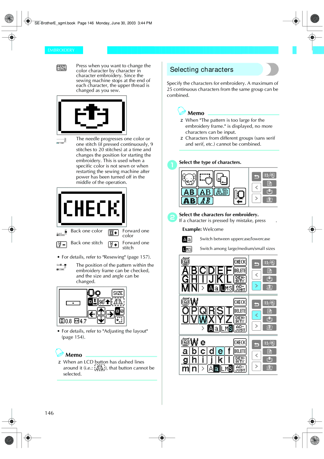 Brother HE 120 operation manual Selecting characters, 146, † Example Welcome 