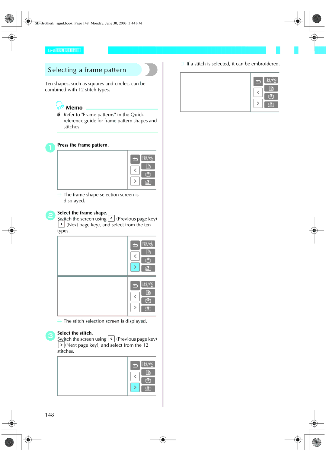 Brother HE 120 Selecting a frame pattern, 148, APress the frame pattern, BSelect the frame shape, CSelect the stitch 