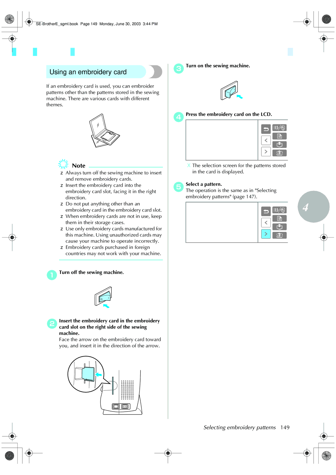 Brother HE 120 operation manual Using an embroidery card, ESelect a pattern 