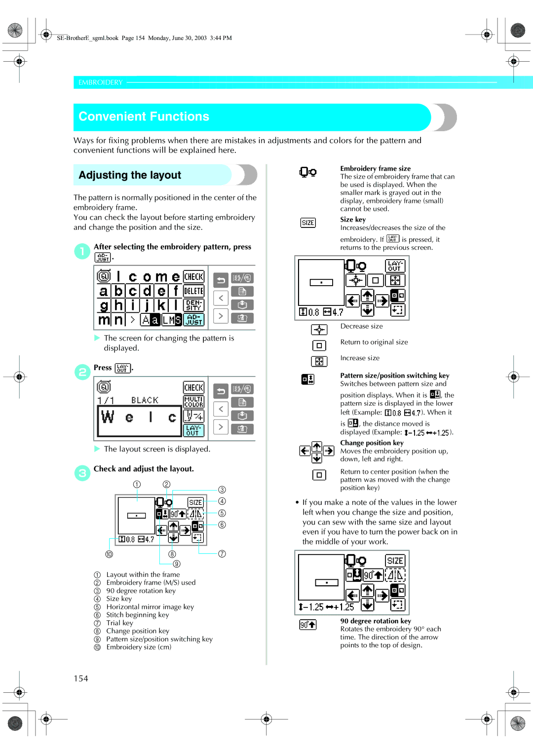 Brother HE 120 Convenient Functions, Adjusting the layout, 154, AAfter.selecting the embroidery pattern, press 