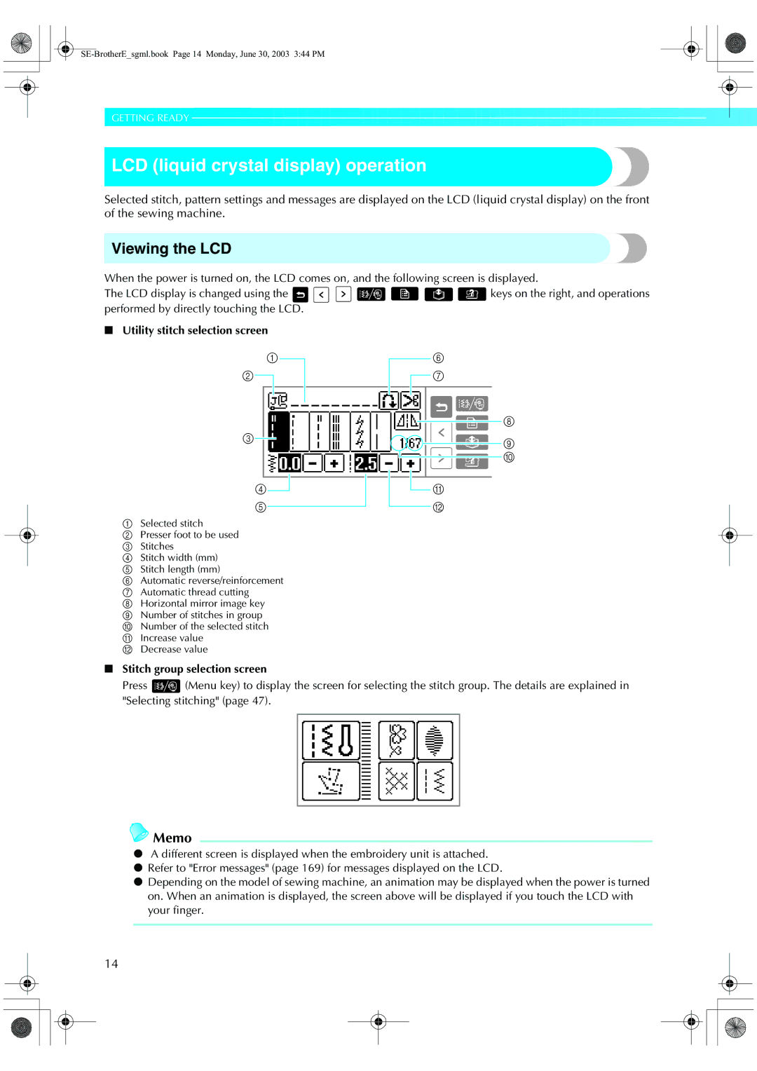 Brother HE 120 operation manual LCD liquid crystal display operation, Viewing the LCD, Utility stitch selection screen 