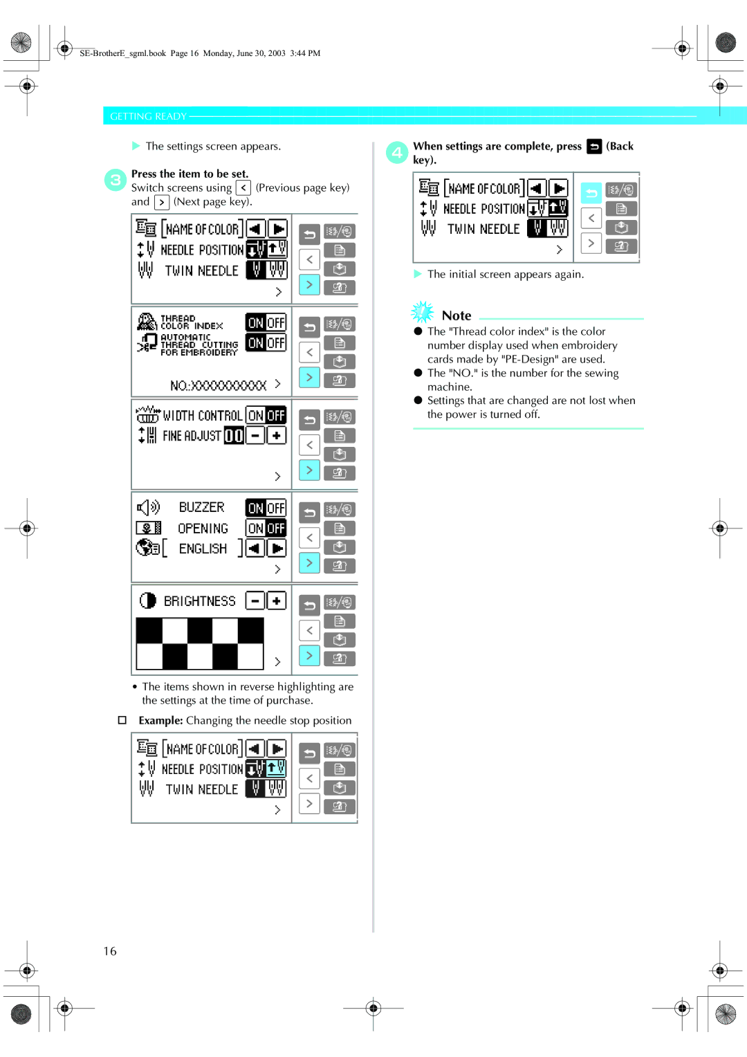 Brother HE 120 Settings screen appears, CPress the item to be set, Switch screens using Previous page key Next page key 