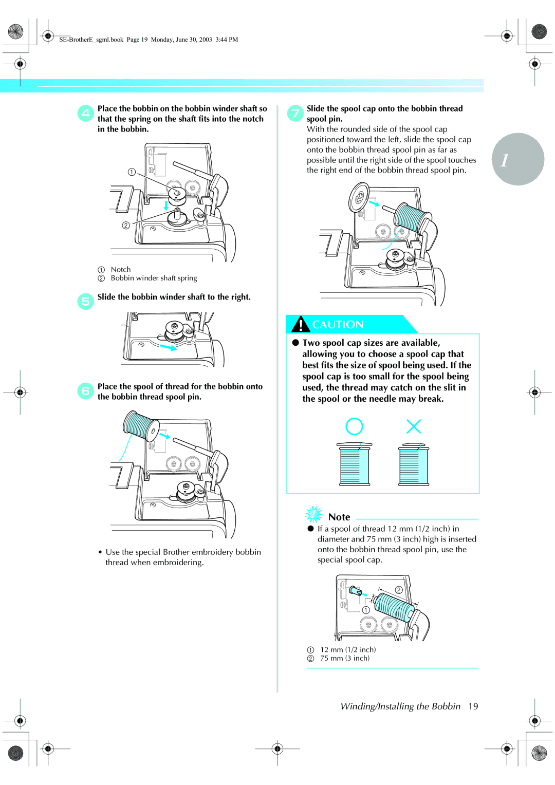 Brother HE 120 operation manual Winding/Installing the Bobbin 