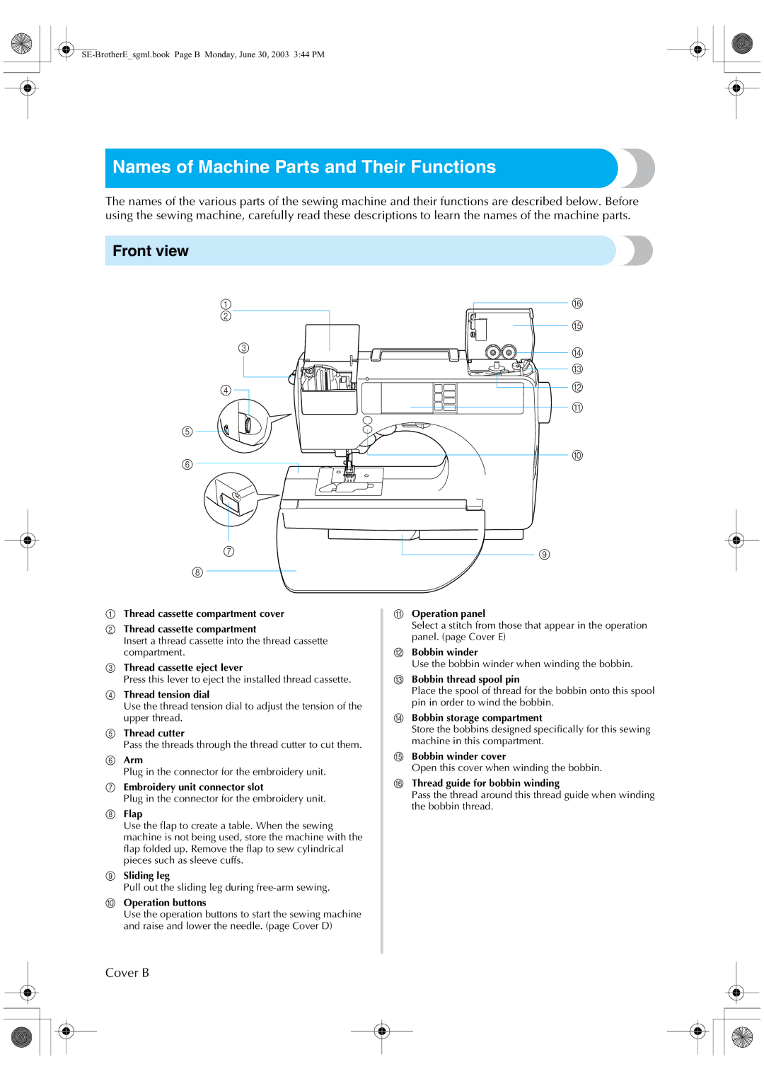 Brother HE 120 operation manual Names of Machine Parts and Their Functions, Front view, Cover B 